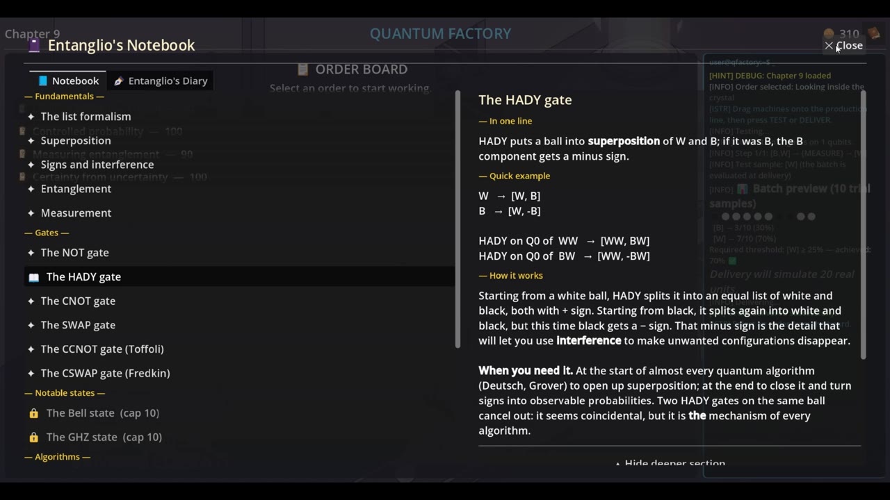 In-game notebook with quantum concepts